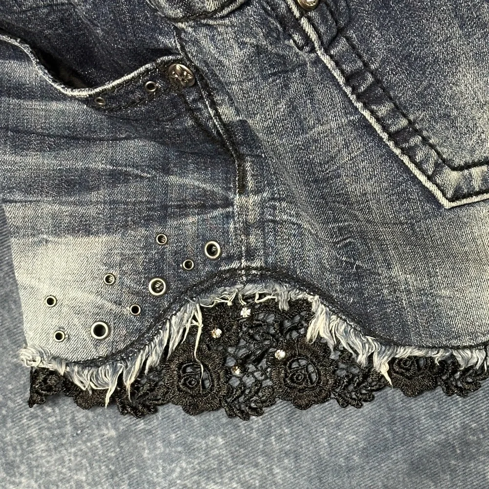 Miss Me Women's Blue Jean Denim Shorts with Black Lace and Bling 30 - Picture 15 of 15